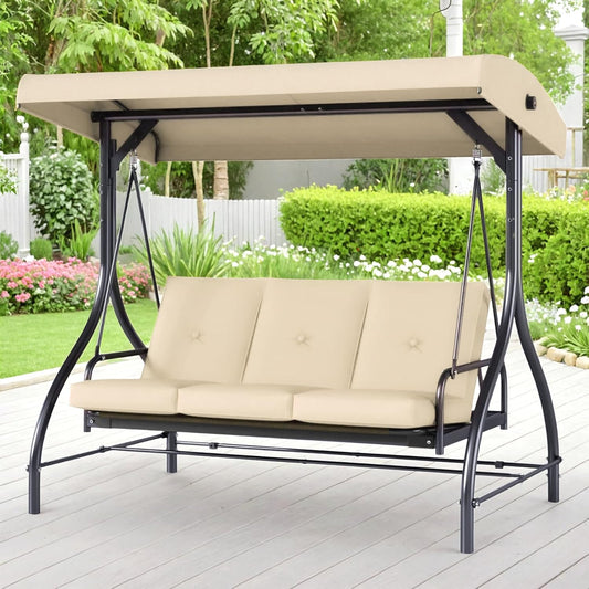MAMIZO 3-Seat Patio Swing with Adjustable Canopy & Backrest, Outdoor Porch Swing Chair for Adults, Outside Porch Converting Bed Thickened Removable Cushions, 2mm Steel Pipe, for Garden, 750LBS (Beige)