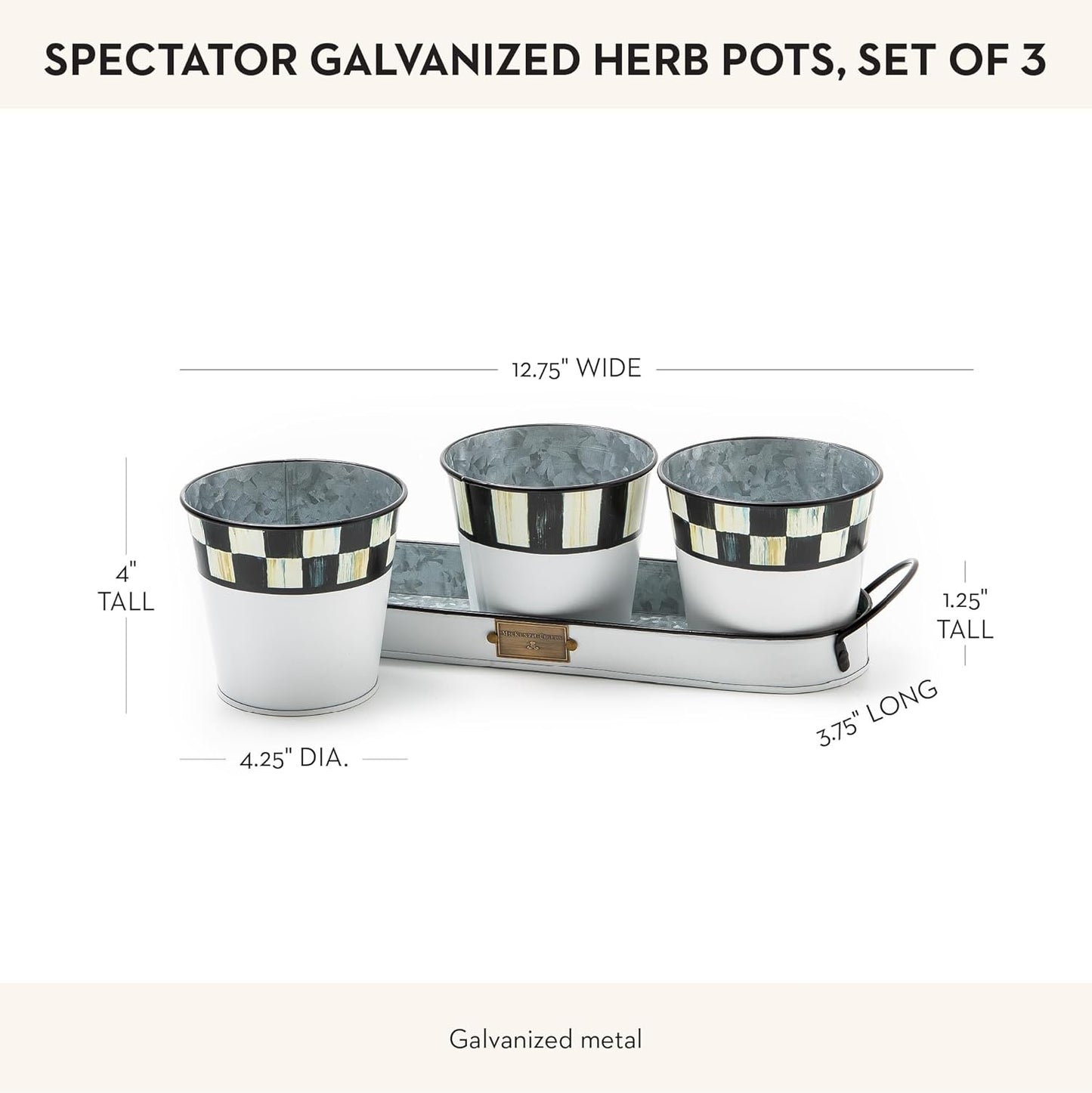 MACKENZIE-CHILDS Galvanized Herb Pots with Tray, Metal Herb Planters, Set of 3, Spectator
