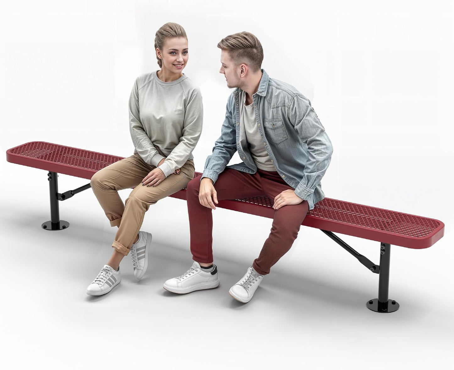Heavy-Duty Outdoor Metal Bench, Thermoplastic-Coated, Surface, Weatherproof, Commercial-Grade for Parks, Gardens, Patios, Stores & More (8 Ft - Surface, Red)