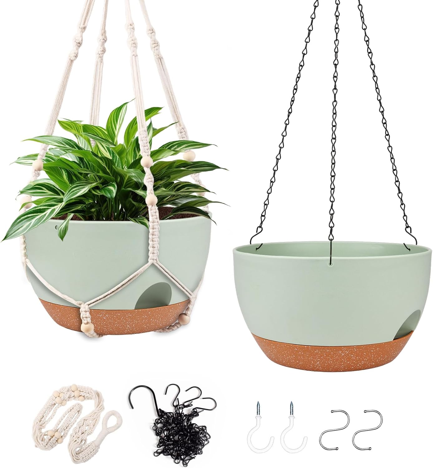 Hanging Planters for Outdoor Indoor Plants, 2 Pack 12 Inch Hanging Basket Plants Outdoor, Self Watering Hanging Planter with Plant Hanger for Garden Home Decoration (2 Type Plant Hangers Green)