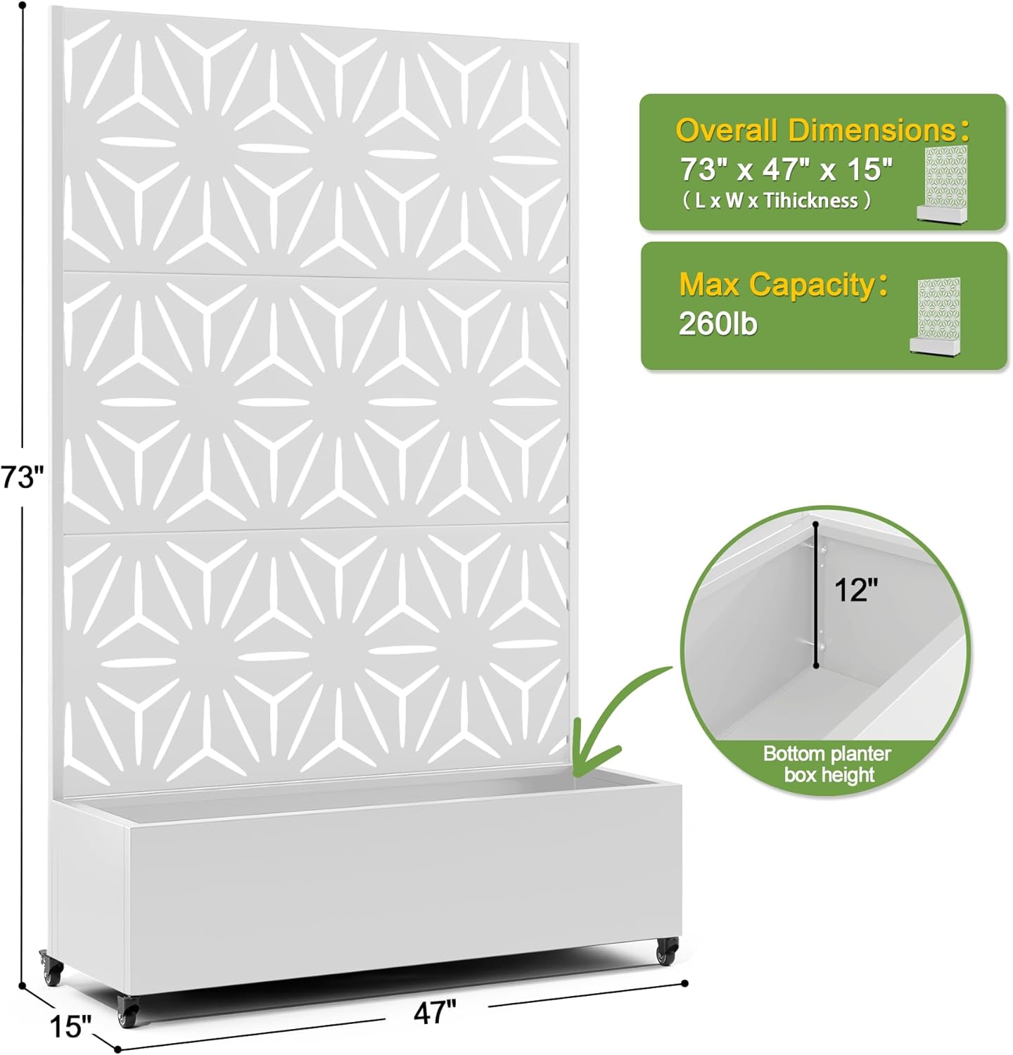 FENCY Metal Raised Garden Bed with Wheels and Trellis,73"x47"x16" Planter Box for Climbing Plants, Vegetables & Vines, Features Privacy Screen and Drainage Holes (White-Star)