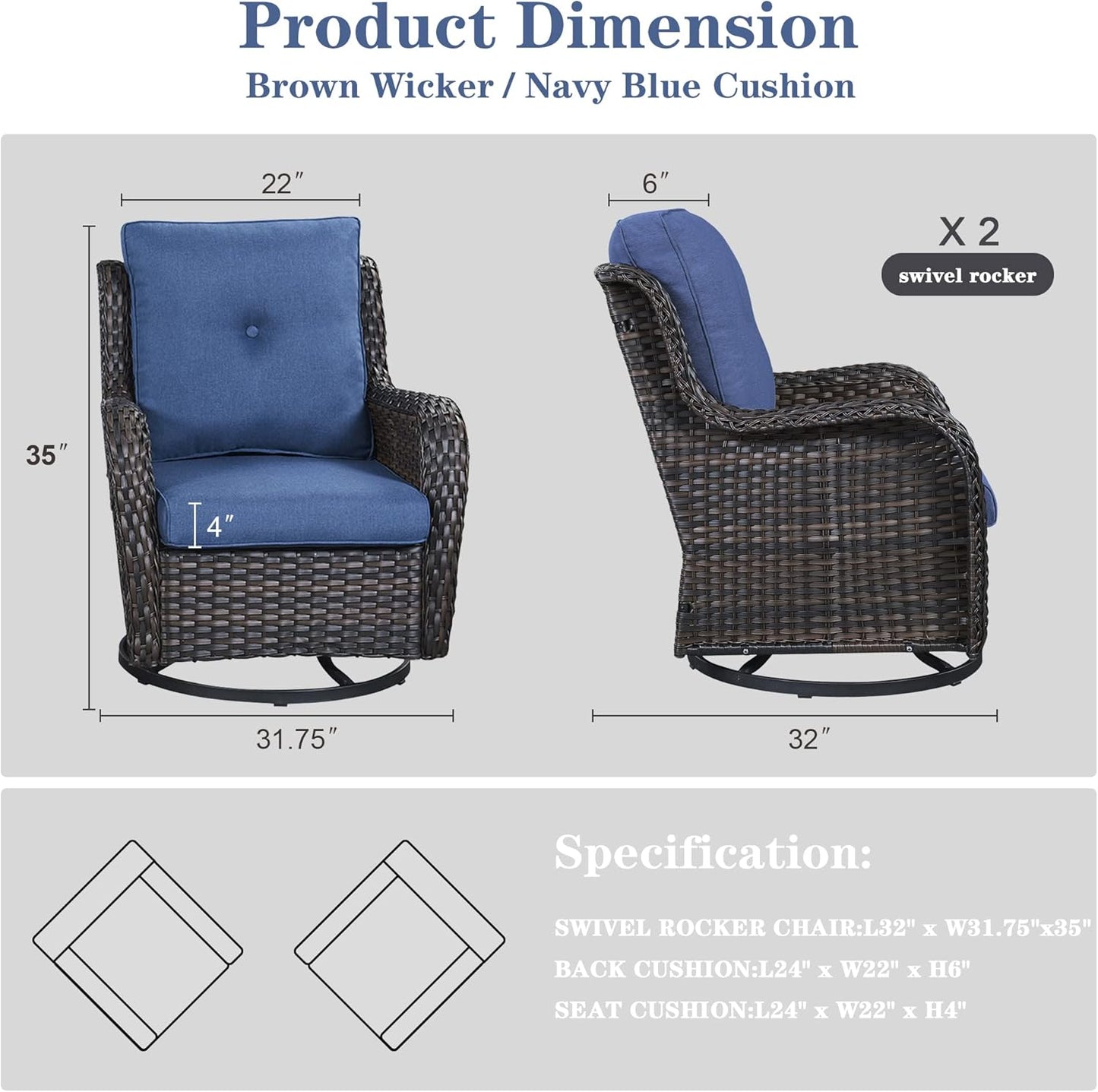 Outdoor Swivel Rcoker Patio Chairs - Outdoor Swivel Patio Chairs Set of 2 Wicker Chair Patio Furniture Sets with Covered Cushion for Porch Deck Balcony Garden, Blue