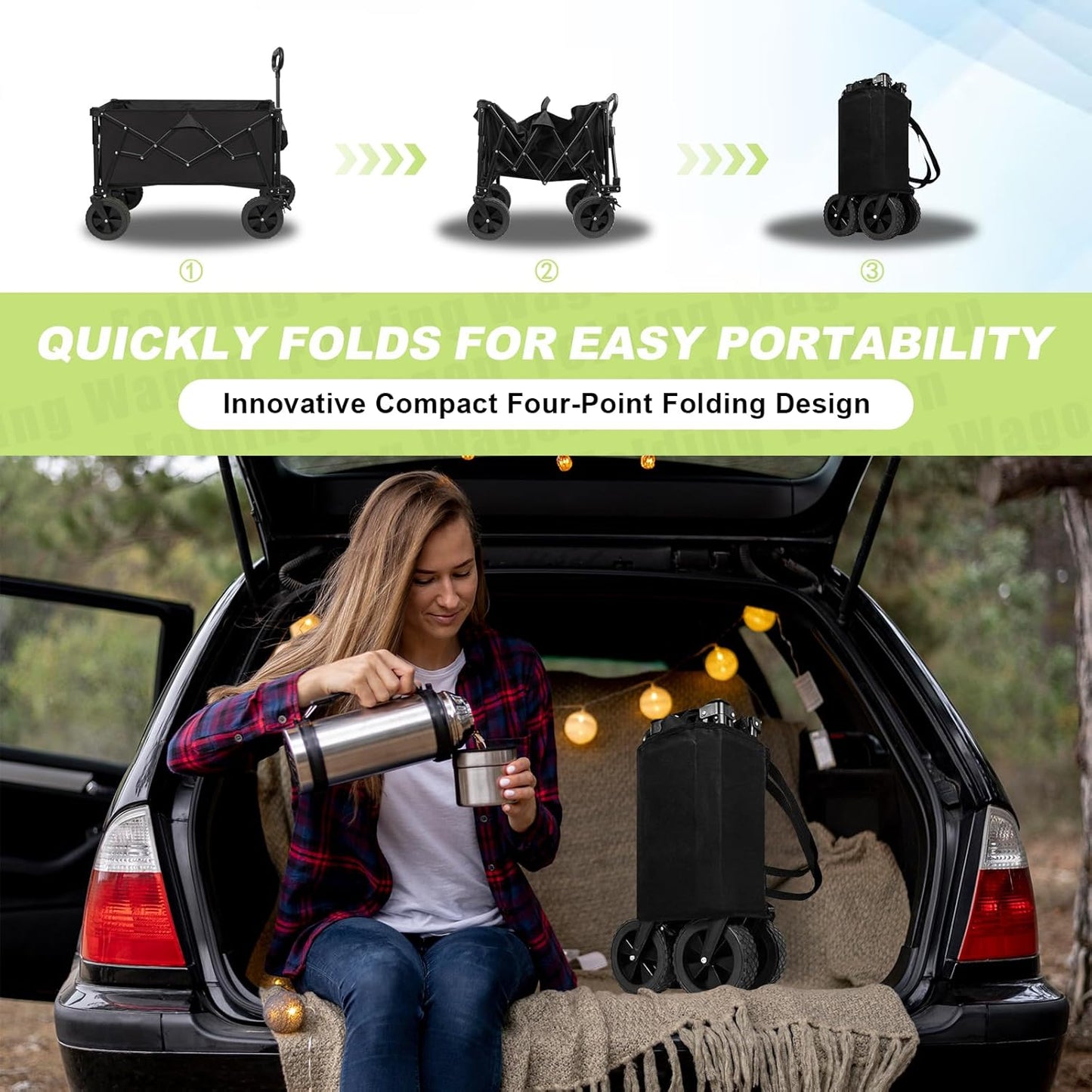 Wagons Carts Foldable Collapsible Wagon Utility Cart 300lbs 130L with Side Pocket and Brakes for Beach Garden Shopping Camping Sports