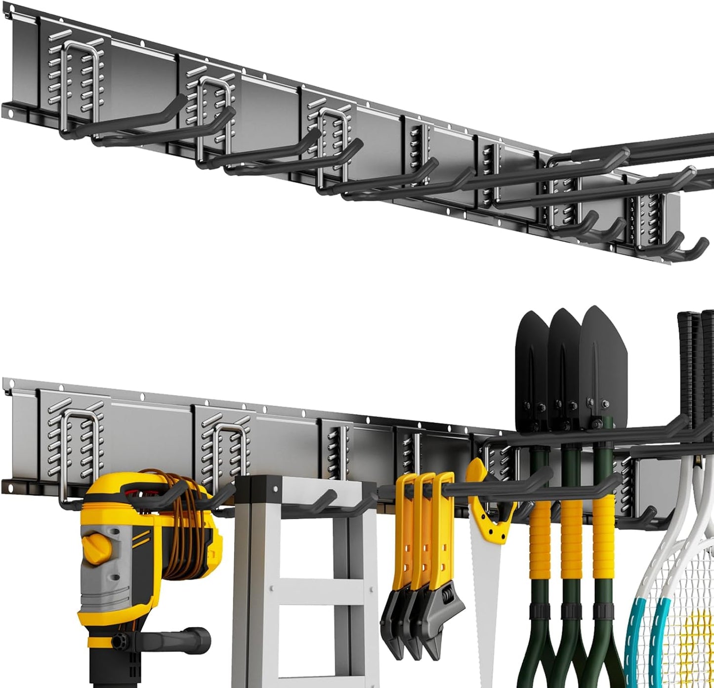 Garage Organization Tool Organizer Wall Mount, 48inch Heavy Duty Garden Tool organizer Storage System, Easy Install With 7 Adjustable Hooks, For Garage, Basement, Shed, Workshop(Black)