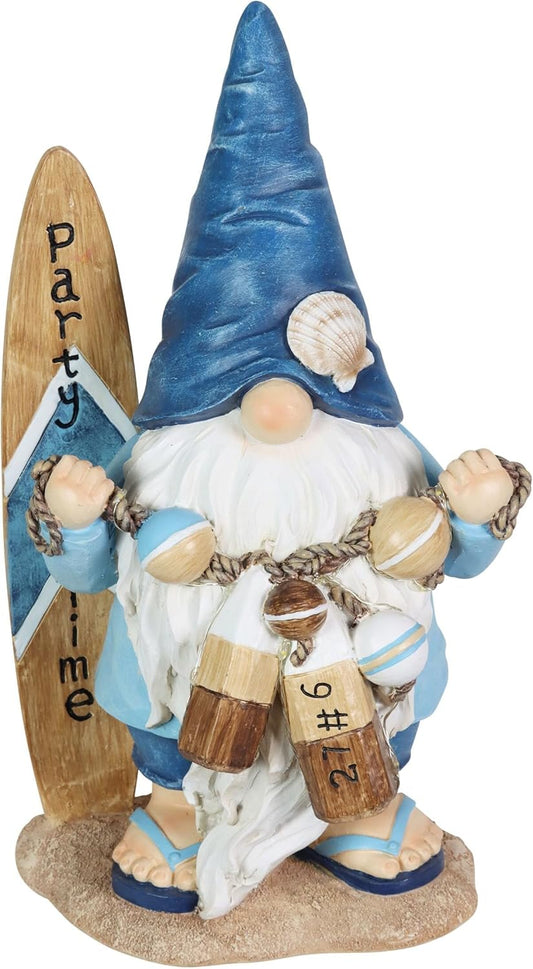 Exhart Garden Gnome, Solar Surfer Party Time Garden Sculpture with Surfboard Sign, LED Lights, Outdoor Lawn and Yard Decoration, 7 x 6 x 12.5 Inch
