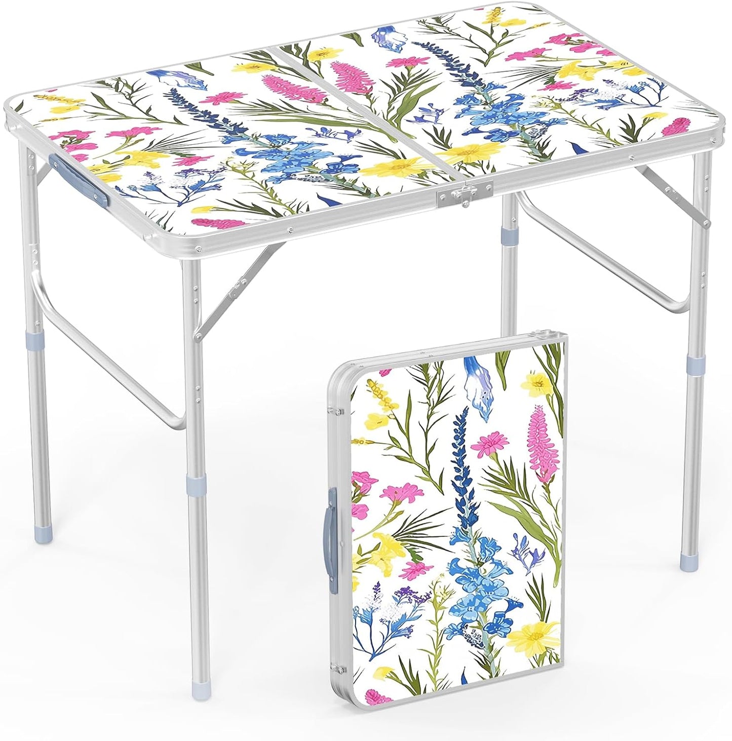 VINGLI 3FT Small Folding Camping Table Adjustable Height Aluminum Folding Table for Picnic Party BBQ, Plastic RV Suitcase Table Portable Lightweight Fold Up Utility Outdoor Tables