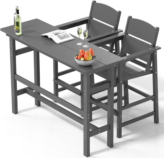 Bar Height Patio Table and Chairs Set, 3-Piece HDPE Outdoor Adirondack Bar Chairs and Patio Table, All-Weather Patio Furniture for Poolside, Backyard, Garden, High Top Patio Bar Set, Grey