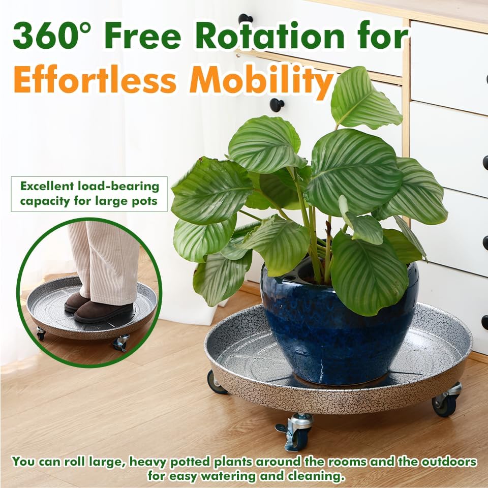 Planterhoma 3 Packs 18 Inch Metal Plant Caddy with Wheels Extra-Large Rolling Plant Stand Heavy-Duty Iron Plant Dolly Casters for Indoor Outdoor Flower Pot Mover Roller Coasters, Silver-Black