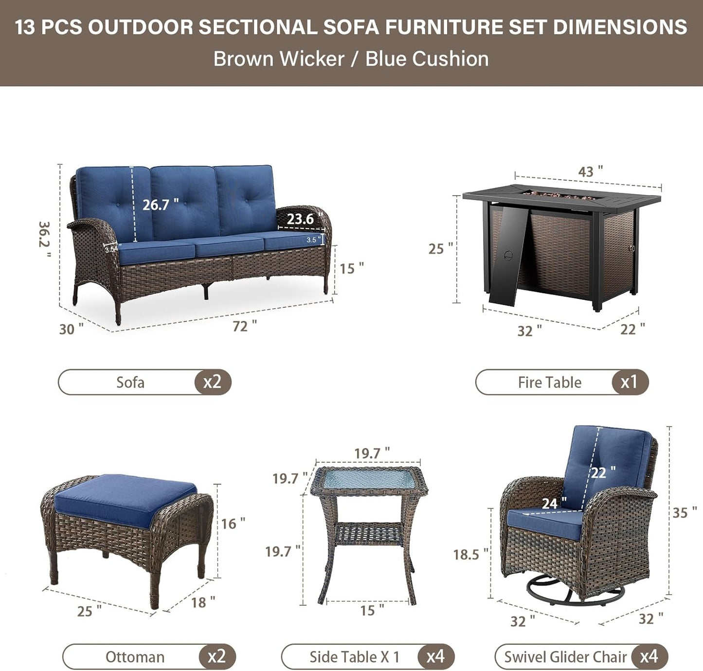 Grand 13 Pieces Outdoor Patio Furniture Set with 4 Swivel Glider Chairs and 50000 BTU Propane Fire Pit Table, Patio Conversation Set with Sofa and Wicker Side Table for Big Garden Backyard