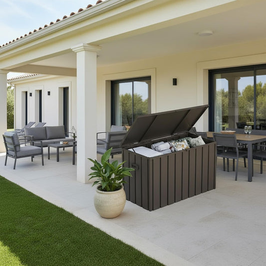 PURPLE LEAF Outdoor Deck Box 120 Gallon Waterproof Lockable Storage Box Container with Lid Deck Organization for Patio Cushions Side Table Pool Accessories Garden Tools, Brown