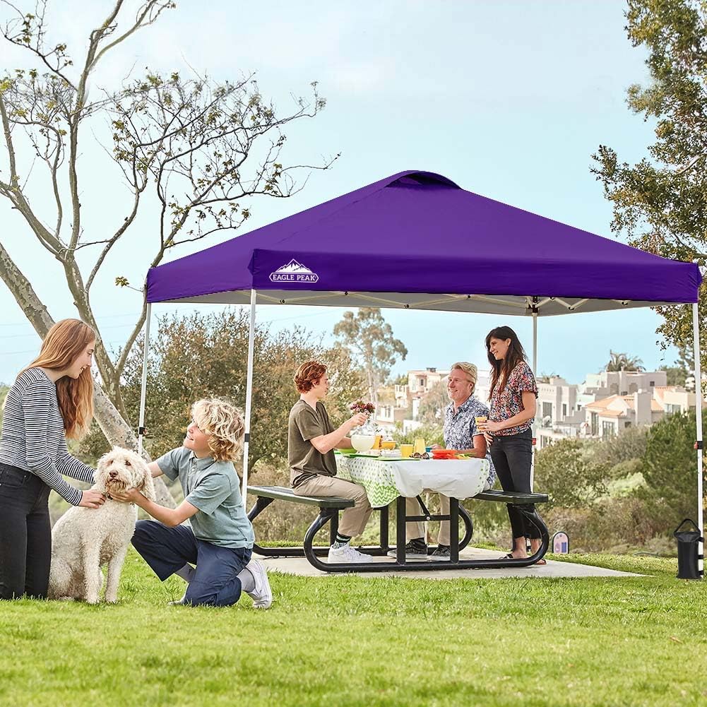 EAGLE PEAK Pop Up Canopy Tent with Wheeled Carry Bag, 8 Stakes, 4 Ropes, 4 Weight Bags, Easy Set Up Tent Canopy, 10x10 ft, 100sqft of Shade, Purple
