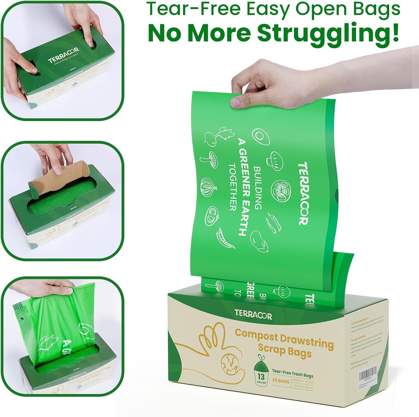 13 Gallon Compostable Trash Bags Liners Drawstring, Heavy Duty Extra Thick 1 Mil, 49.21 Liter, 35 Bags, Tall Kitchen Food Scrap Waste Bag, ASTM D6400