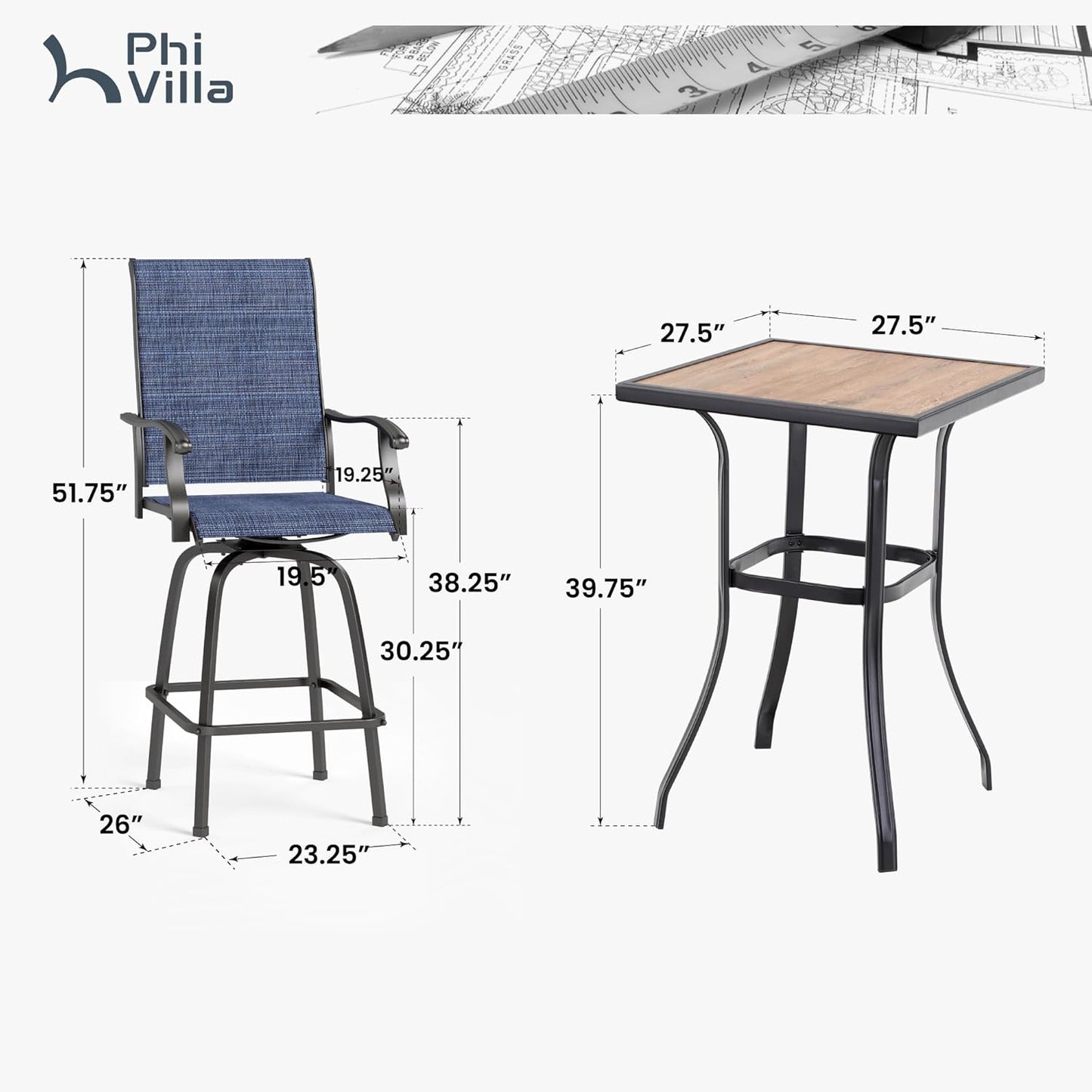 PHI VILLA 3Pcs Outdoor Swivel Bar Stools Set, Bar Height Patio Table and Chairs with All Weather Textilene Fabric, Pub Bar Bistro Tall Furniture Set for Outdoor, Blue