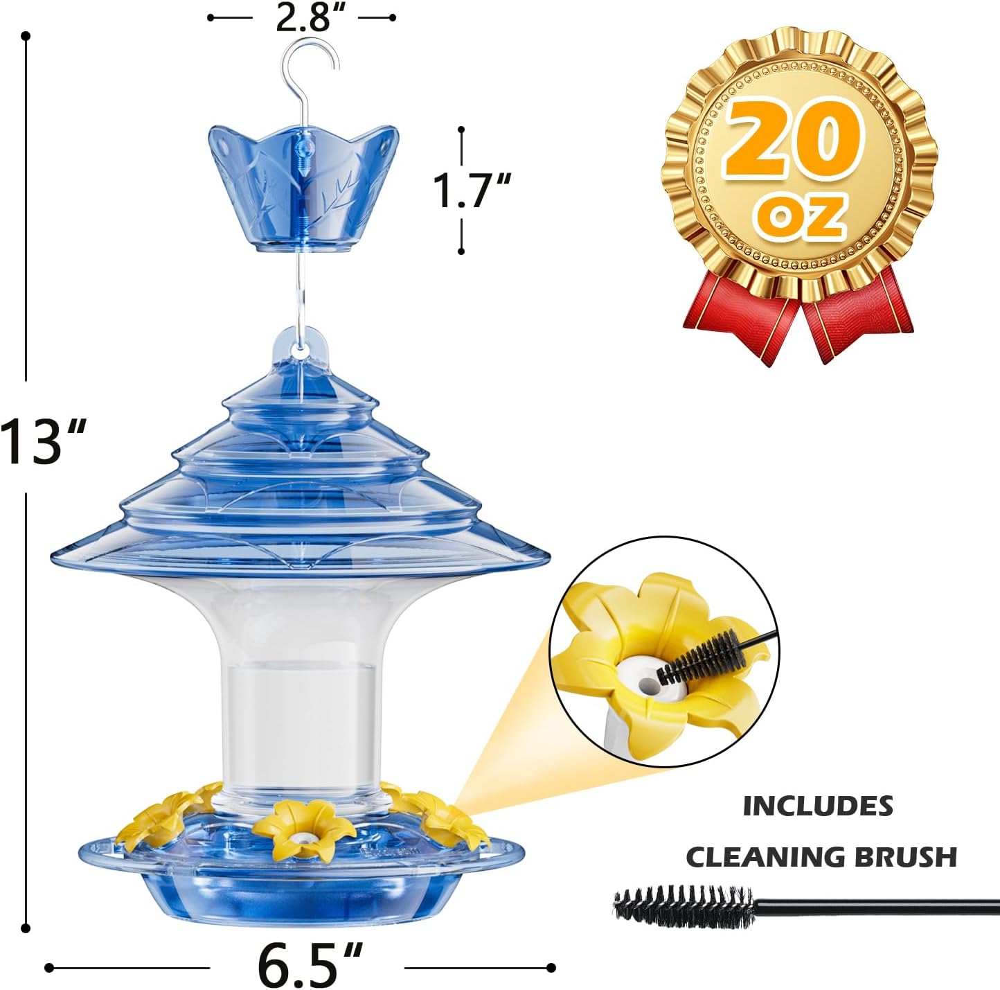 Birdream Hummingbird Feeder for Outdoors Hanging, 20oz Hummingbird Feeders with 5 Bee Guard Feeding Ports & Built-in Ant Moat Brush Leak-Proof for Outside Gifts for Women - Blue