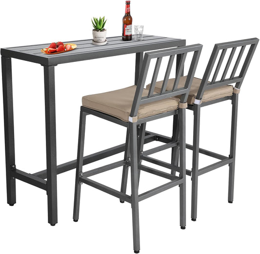 Outdoor Patio Bar Set, Bar Height Patio Dining Set, Weather-Resistant Bistro Counter Pub Set with Cushions & Slatted Tabletop for Backyard (Gray, 47" Table, 2 "I Style Stool)