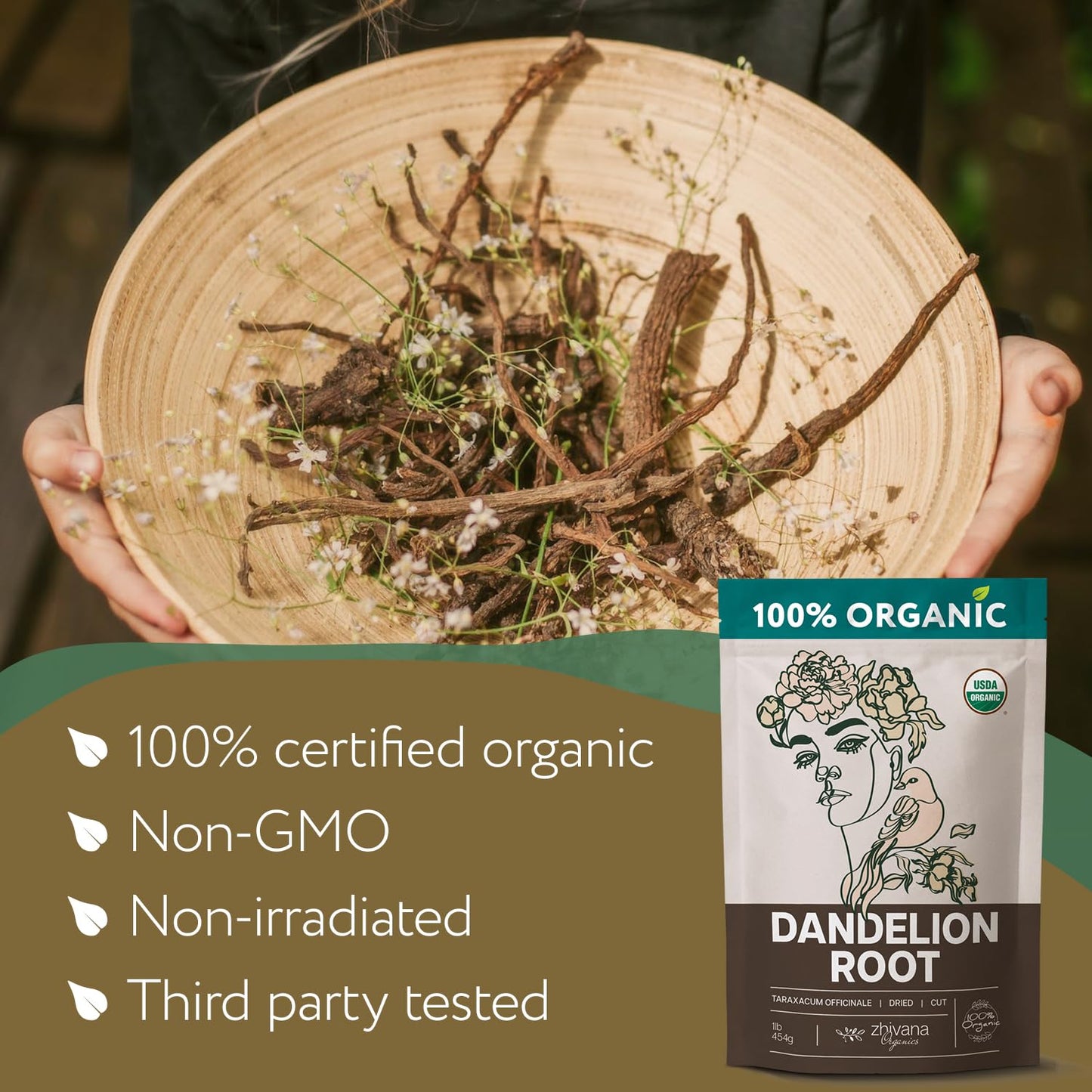 Dandelion Root Organic - Dandelion Tea - Diente de Leon Organico – Natural Cleansing, Gut Flora, Digestion, Liver, Skin – 4 oz