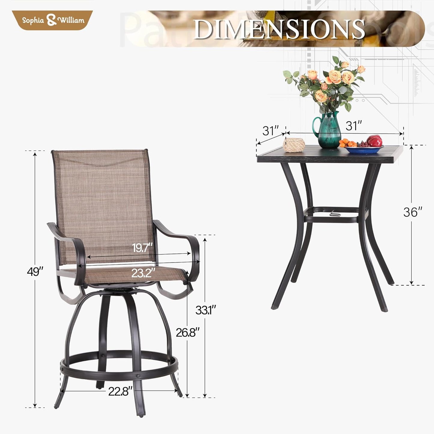 Sophia & William Outdoor Bar Set, Patio Bar Table and Chairs Set, Counter Height Patio Set - 4 x Swivel Bar Chairs, 1 x Square Bar Table