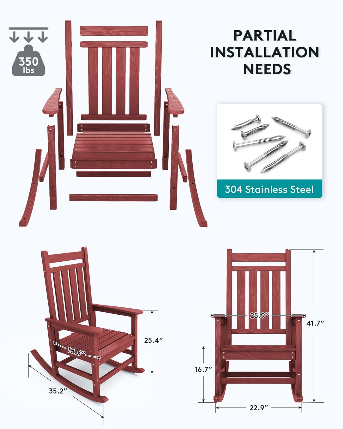SERWALL HDPE Rocking Chair, Outdoor Rocking Chair for Adults, All Weather Porch Rocker for Lawn Garden, Crimson Red