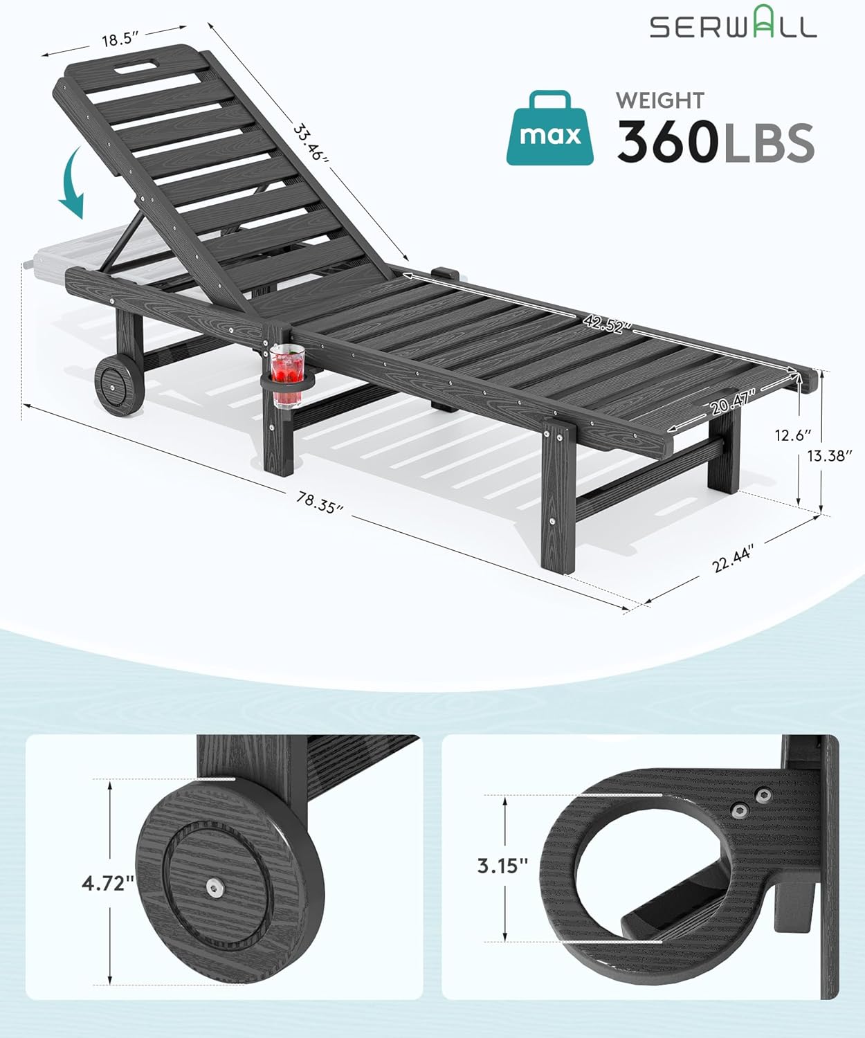 SERWALL Patio Chaise Lounge, HDPE Outdoor Lounge Chair with Cup Holder, 5 Positions Adjustable Poly Lounge Chair with Rolling Wheels for Poolside, Deck, Sunbathing, Grey