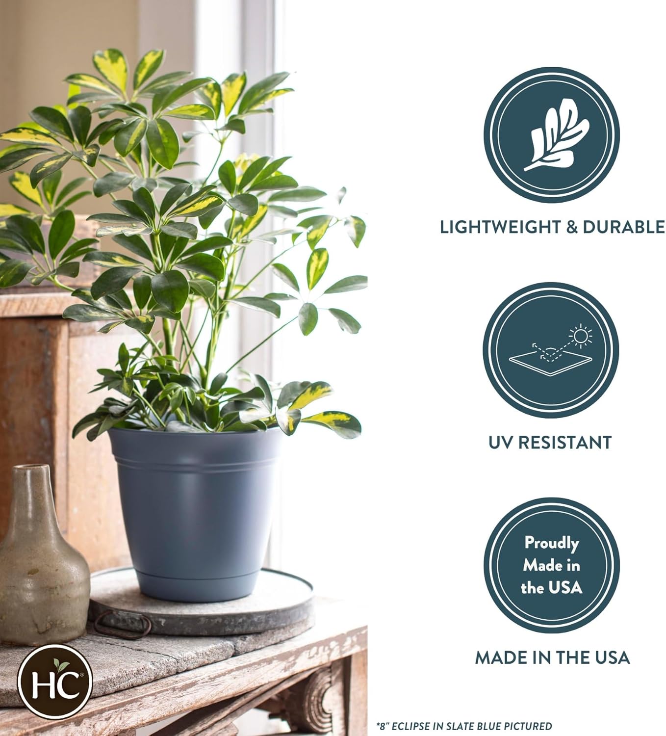 The HC Companies Eclipse Round Planter with Saucer - Outdoor & Indoor Plant Pot with Drainage Holes - Lightweight, UV-Resistant Plastic Pots for Plants, Flowers & Herbs (8" Rose, Pack of 6)