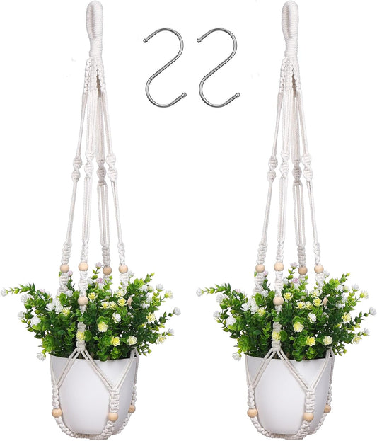 YIBOT 2 Pack Macrame Plant Hanger Indoor Hanging Planter Basket with Wood Beads Decorative Flower Pot Holder No Tassels for Indoor Outdoor Boho Home Decor-35 Inch