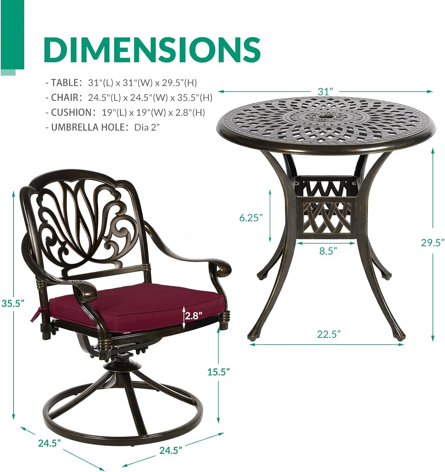 VIVIJASON 3-Piece Patio Furniture Dining Set, Outdoor All-Weather Cast Aluminum Bistro Set, Include 2 Swivel Chairs and 31" Round Table w/Umbrella Hole for Balcony, Lawn, Garden (Red Cushion)