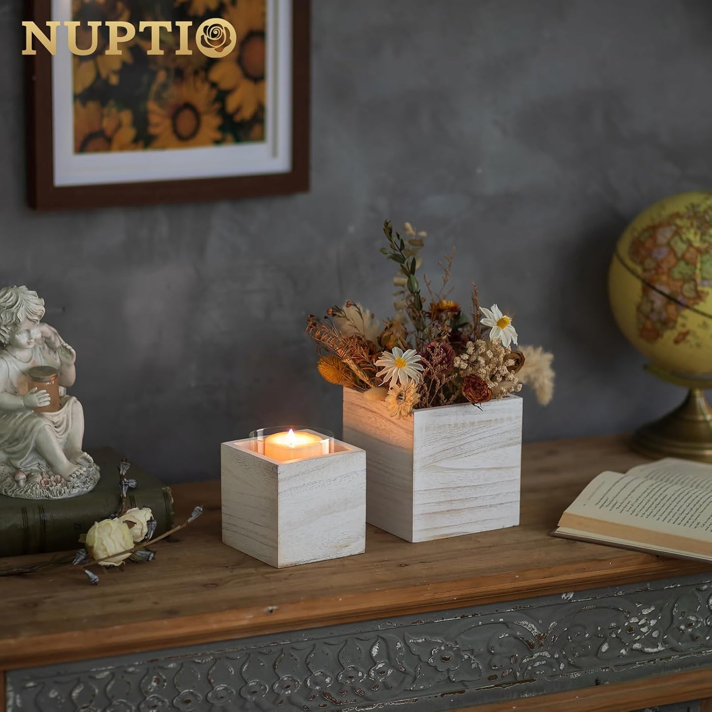 NUPTIO Wooden Box for Centerpiece Wedding: 6 Pcs Rustic Square Planter Box FarmhouseTable Fall Decor - 4×4" & 5×5" Whitewashed Small Wood Vases Flower Pots for Windowsill Home Garden