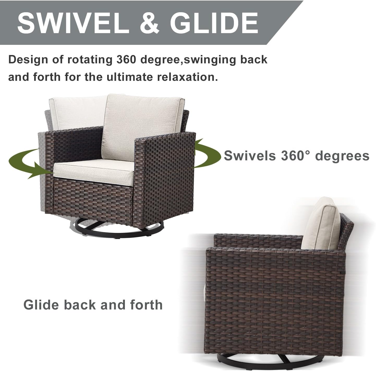 HUMMUH 3-Piece Patio Swivel Chairs,PE Wicker Outdoor Rocking Chairs Bistro Set with Side Table Porch Balcony Furniture with Cushions