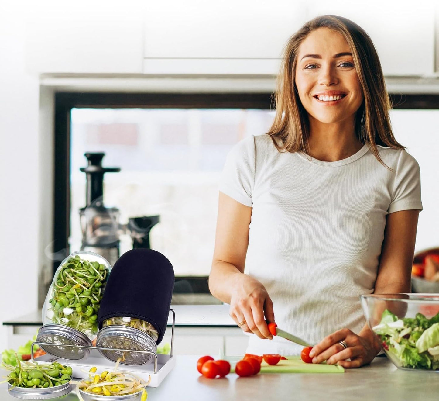 Organic Seed Sprouting Jar Kit – 2 × 32 oz Wide-Mouth Mason Jars with Stainless-Steel Sprouter Lids & Stand, Blackout Sleeves, Drain Tray – Grow Broccoli, Alfalfa & Bean Microgreens