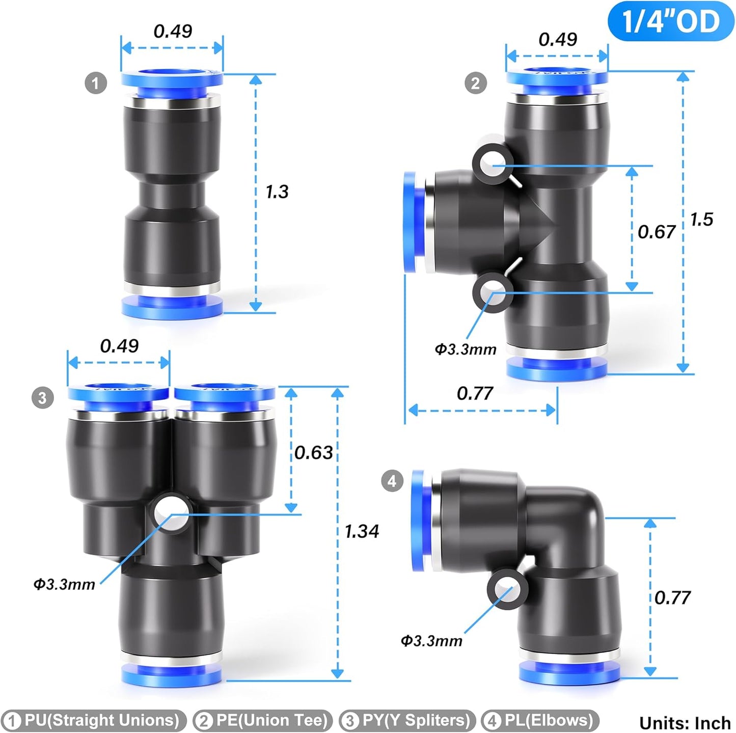 TAILONZ PNEUMATIC 1/4 Inch od Push to Connect Fittings Pneumatic Fittings Kit 10 Spliters+10 Elbows+10 tee+10 Straight (40 pcs)