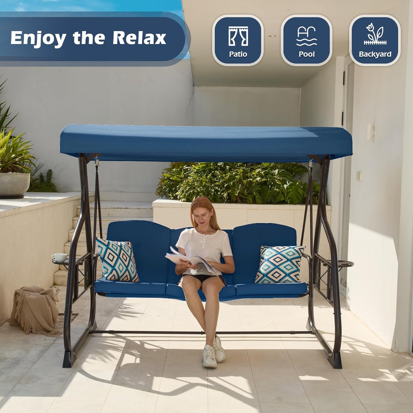 3-Seat Patio Porch Swing 800LBS Outdoor Swing with Stand w/Canopy & Adjustable Backrest Patio Glider Chair w/Removable Pillows & Foldable Side Tray for Balcony Garden Deck (Blue)