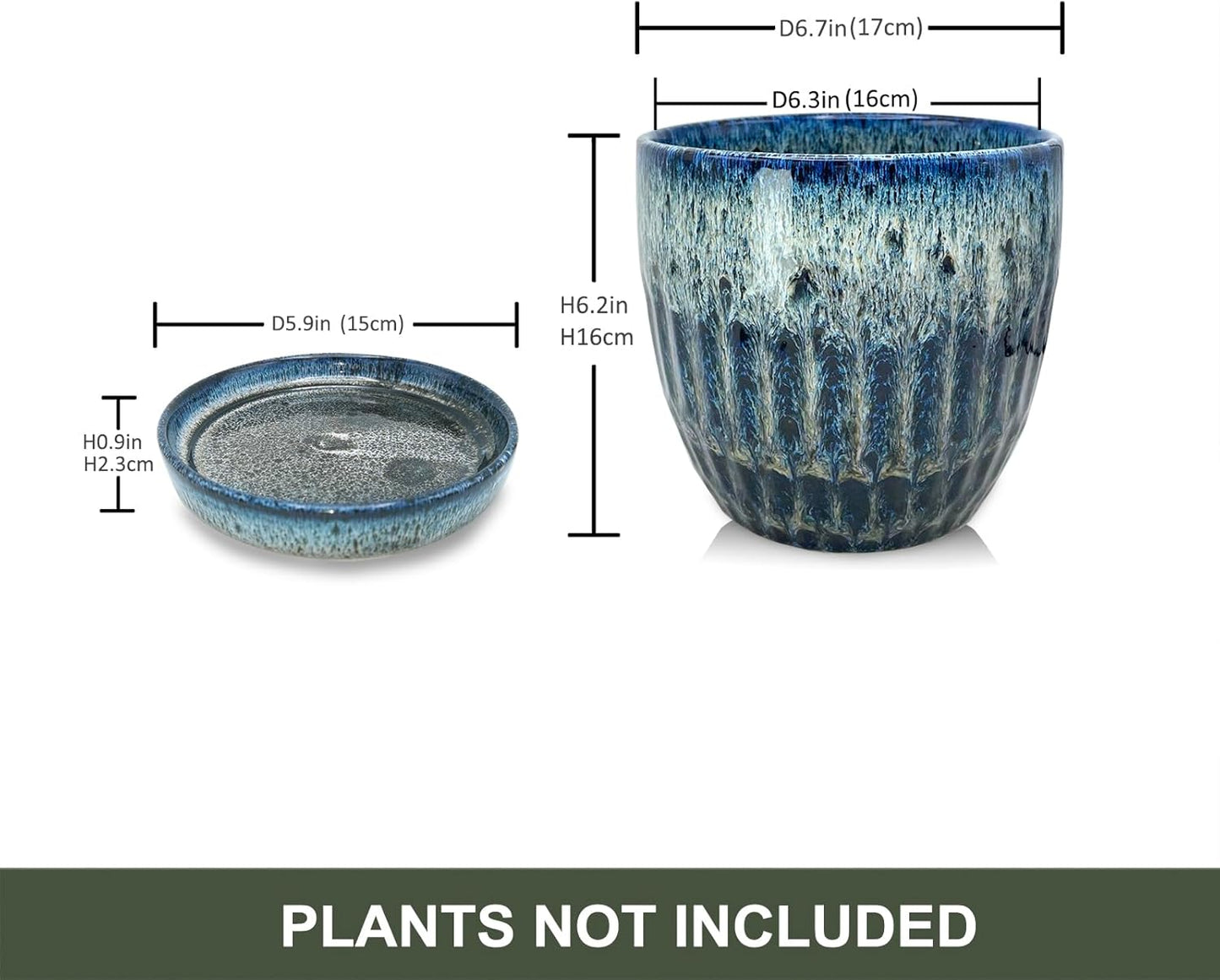 Ceramic Pots for Plants, 6in Ceramic Planters for Indoor Plants, Flower Pots with Drainage and Saucer, Reactive Glaze Blue