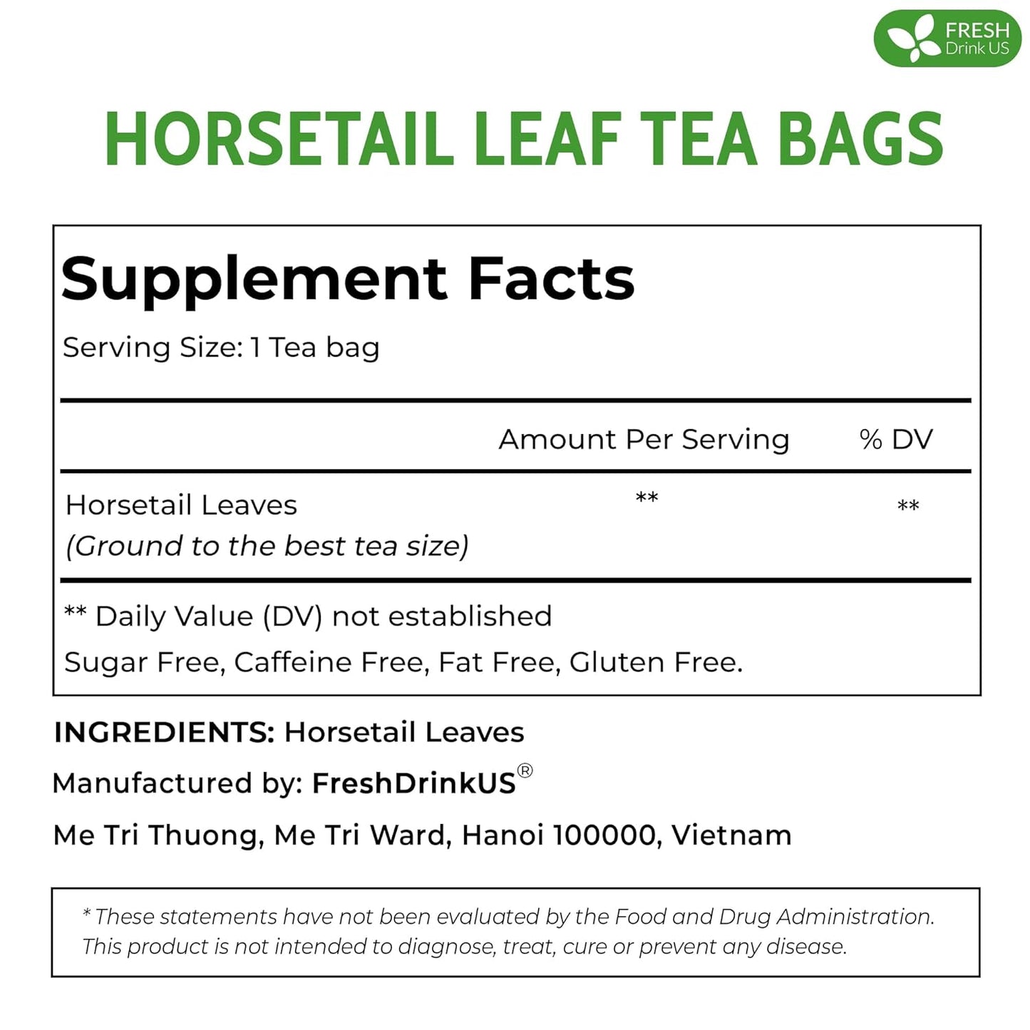 FreshDrinkUS, Premium 15 Horsetail Leaf Tea Bags, 100% Natural & Pure from Horsetail Loose Leaves Herbal Tea. Made with Natural Material Tea Bags. No Sugar, No Caffeine, No Gluten, Vegan.