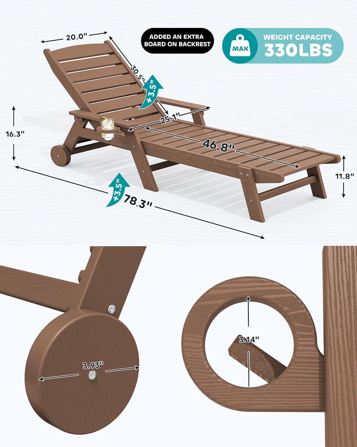 SERWALL Patio Chaise Lounge Chair Set of 2 with 9FT Patio Umbrella, 78'' HDPE Outdoor Lounger, Poly Lounge Chair with Rolling Wheels & Cup Holder for Pool,Wooden Brown (Umbreall Base not Included)