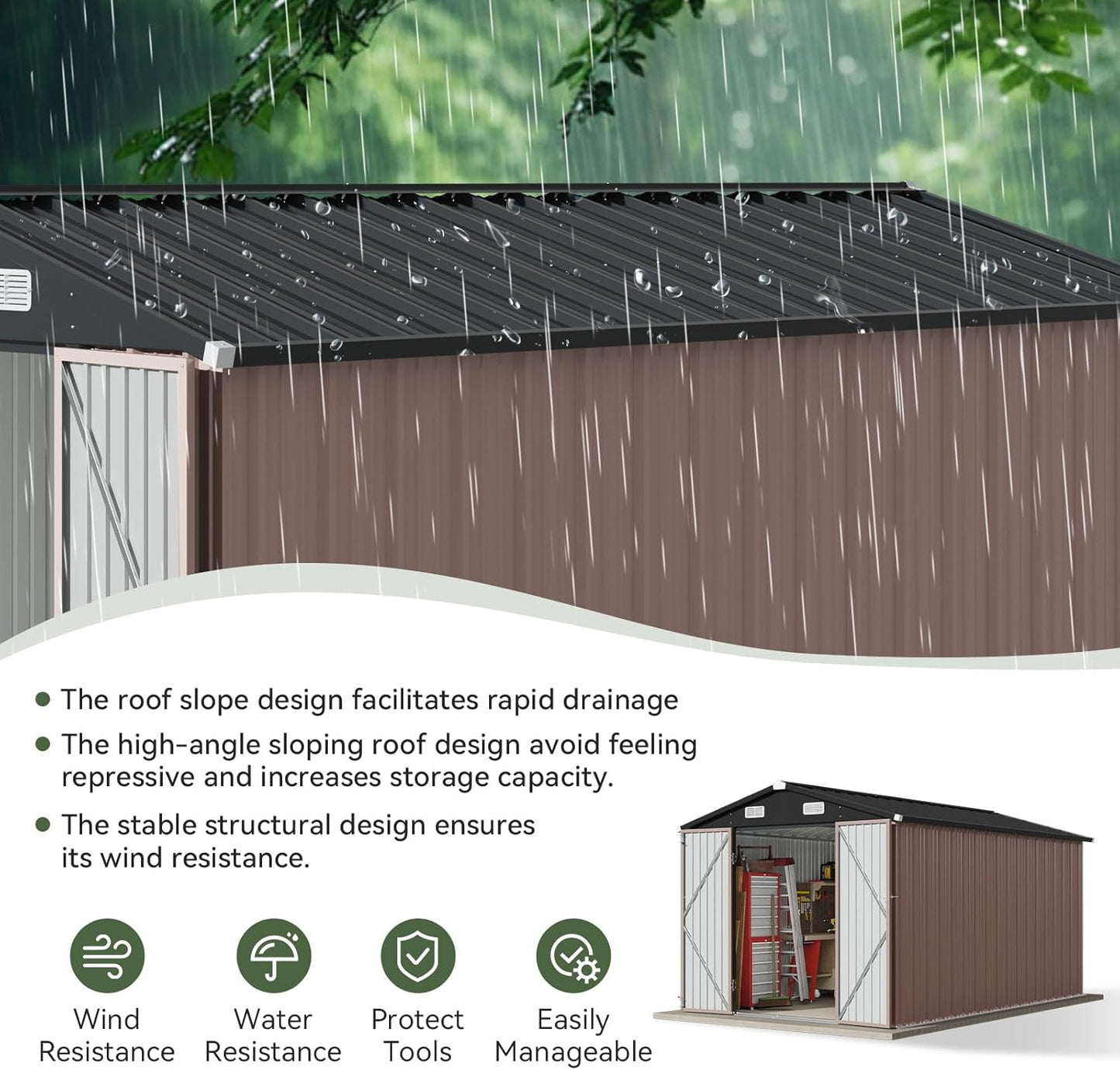 Aoxun 12x7.5 FT Shed Outdoor Storage Shed with Spacious Door Large Sheds with Double Lockable Door Galvanized Metal Shed for Garbage Can, Bike, Mower, Brown