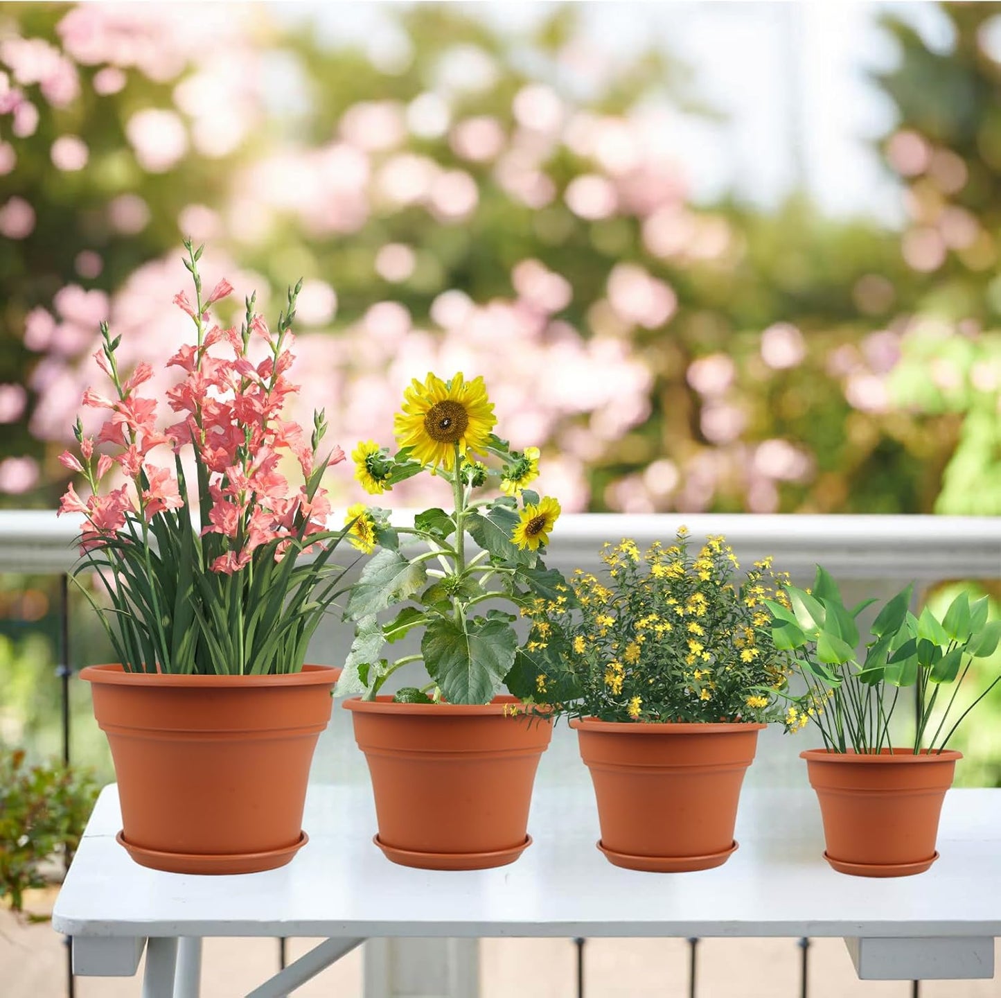 11 Inch Plastic-Flower-Pot-for-Indoor-Plants, 4 Pack Large Outdoor Planter Pot with Drainage Holes & Saucers, Resin Decorative Garden Pots Planters