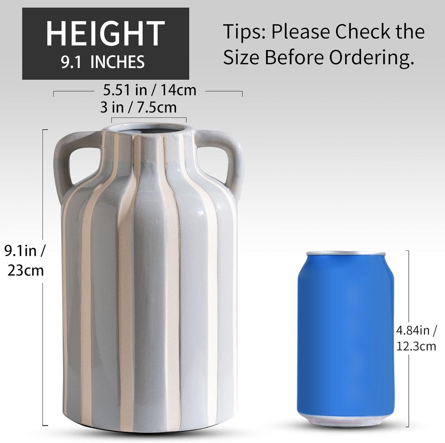 Ceramic Grey and White Checkered Stripes Vase with Handles, Hand-Painted Modern Minimalist Bohemian Floral Vases Home Decor, Cottage Core Decor, Flower Vase for Bouquet Mantle Kitchen Bookshelf 9.1 In