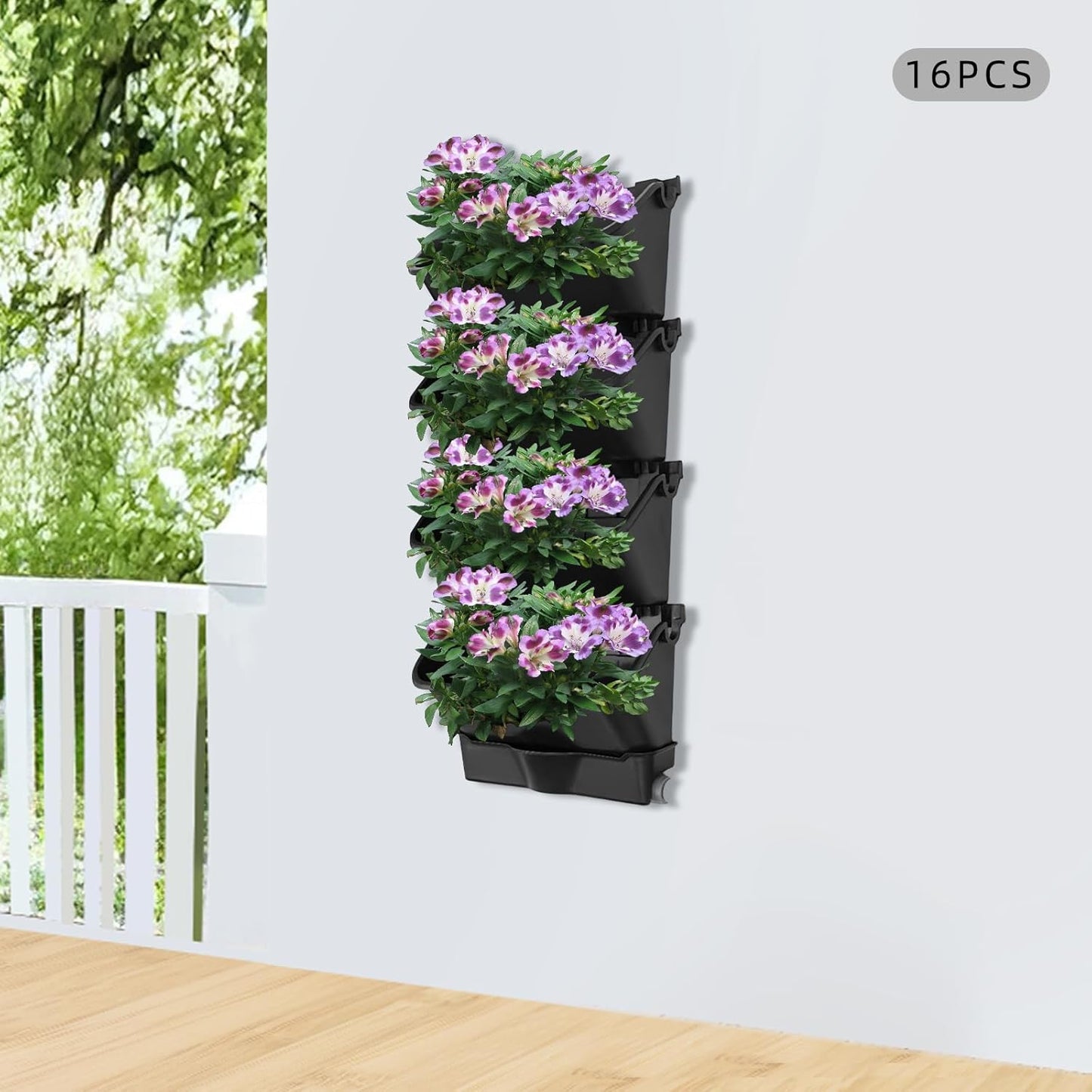 20Pack Vertical Wall Planter, 13 inch Wall Mounted Garden Planters, Stackable Wall Hanging Planter, Plastic Flower Pot with 4 Drainage Tray & 6.56FT Drainage Pipe for Indoor and Outdoor (Black)