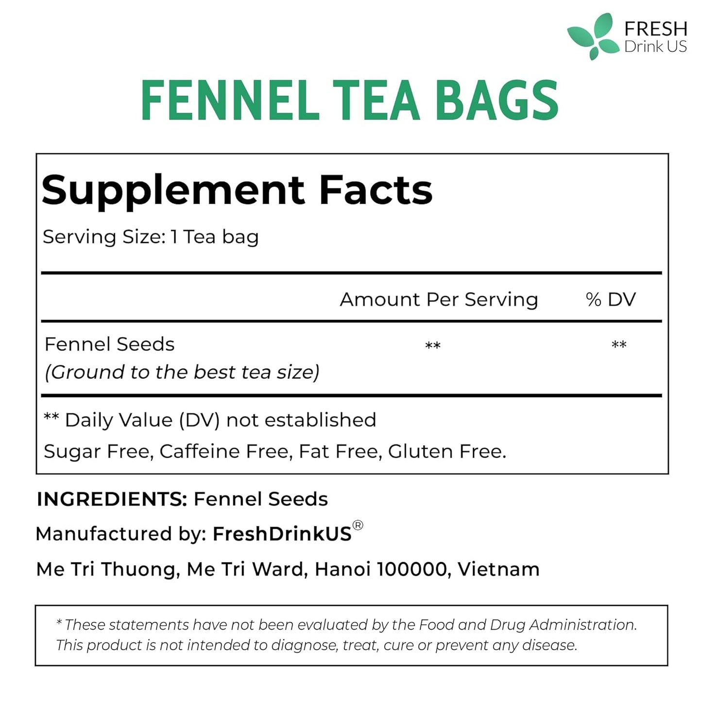 FreshDrinkUS, Premium 135 Fennel Tea Bags, 100% Natural & Pure from Fennel Seeds. Fennel Seed Herbal Tea. Fennel Seed Tea. Made with Natural Material Tea Bags. No Sugar, No Caffeine, No Gluten, Vegan.