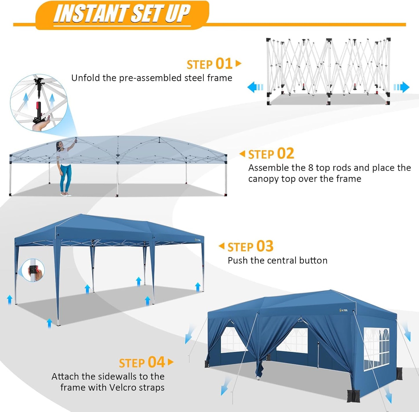 HOTEEL 10x20 Pop up Canopy with 6 Sidewalls, One Push Instant Setup Outdoor Canopy Tent with Reinforce Rod, Weight Bag, for Parties, Events, Blue