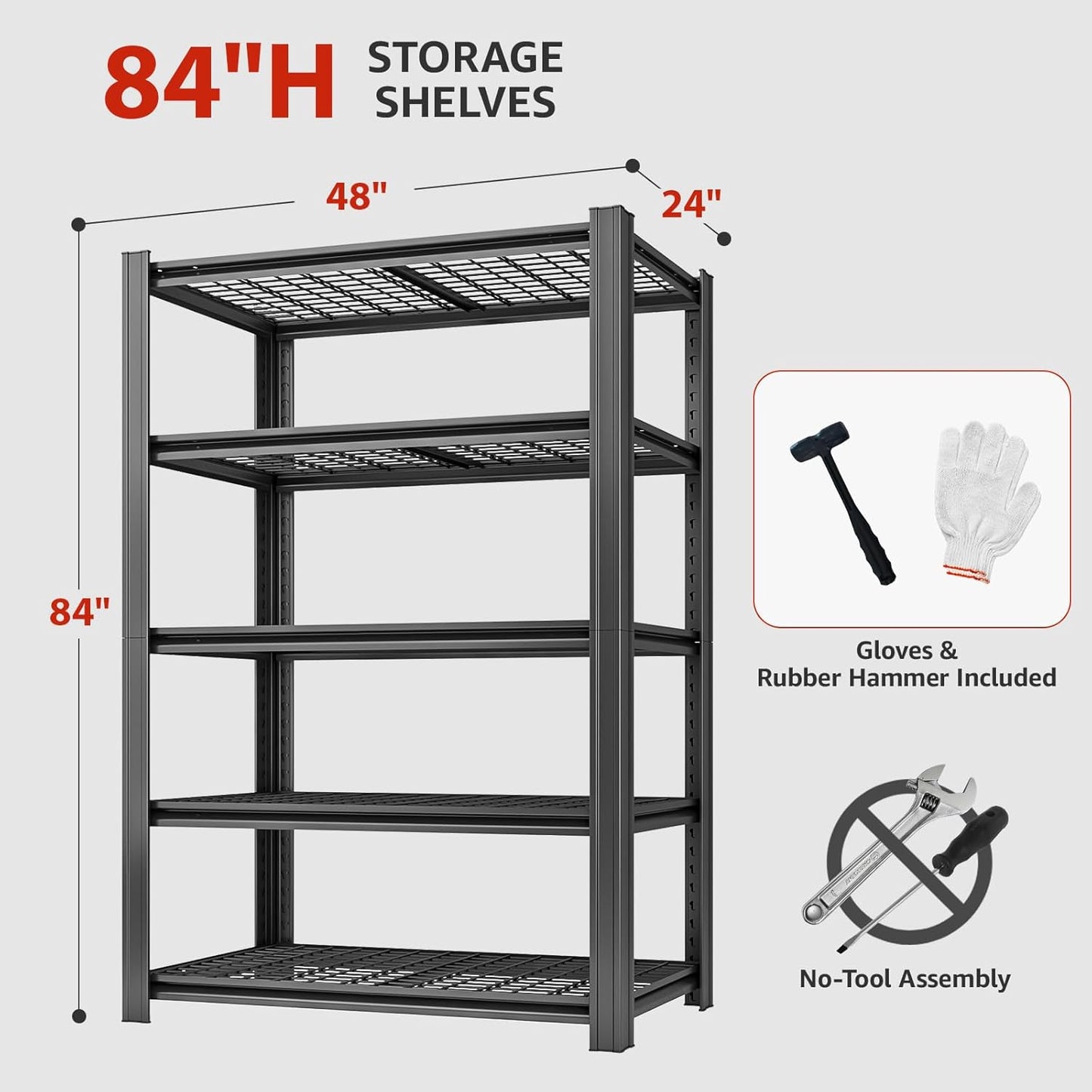 5 Tier Metal Shelving Unit 84" H x 48" W x 24" D, 3000LBS Adjustable Garage Shelves, Heavy Duty Storage Shelves for Warehouse, Basement, Kitchen, Pantry, Living Room, Black