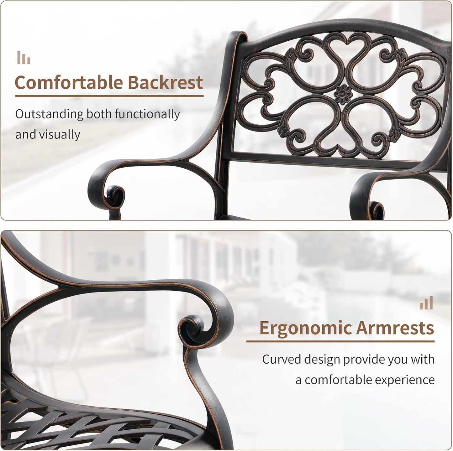 Bistro Set 3 Piece Outdoor Cast Aluminum Patio Bistro Set Patio Set Metal Bistro Table and Chairs Set of 2 with Umbrella Hole for Deck, Gardens, Bronze (Flower Backrest)