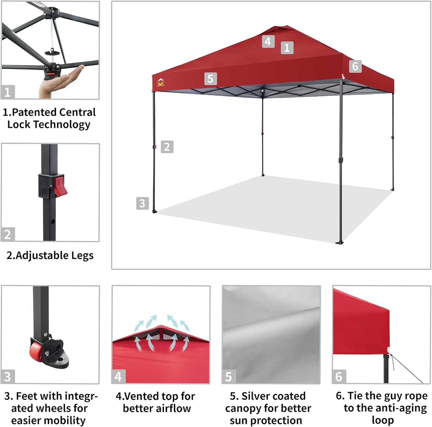 CROWN SHADES 10x10 Pop Up Canopy Tent - Patented Center Lock One Push Instant Outdoor Canopy Beach Tent with STO-N-Go Bag 8 Stakes & 4 Sand Bags，Red