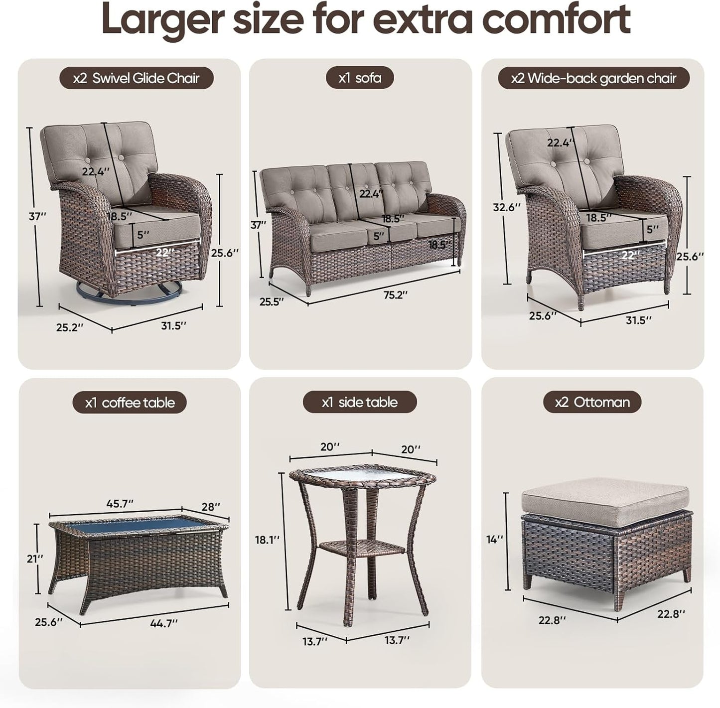 9-Piece Rotating Balcony Chair Set with 31-inch T-Shaped Wide backrest - Rattan Outdoor Rotating Balcony Chairs, Wide backrest Comfortable Outdoor Sliding Chair - Brown | Grey