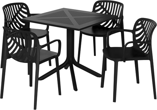 Breakfast Table Set for 4, HDPE Patio Square Dining Table and Stackable Chairs, Outdoor Small Patio Furniture Set All Weather for Backyard Porch Poolside, Black