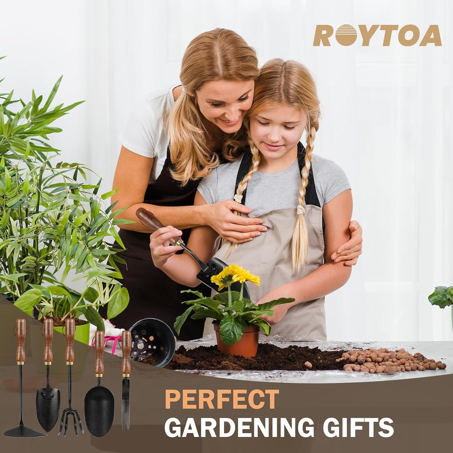 Garden Tool Set,5Pcs Gardening Tools,Stainless Steel Heavy Duty Hand Cultivator, Hoes，Shovel, Trowel and Weeder with Ergonomics Walnut Handle，Gardening Gifts for Women