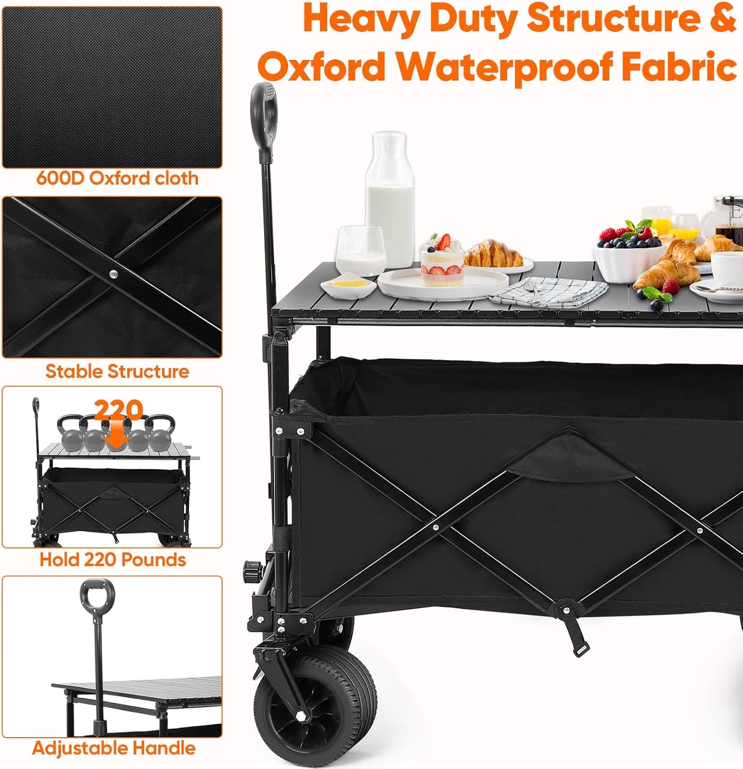 Collapsible Wagon with Table, Large Capacity Foldable Wagons Carts, Beach Wagon with Big Wheels, Heavy Duty Beach Car Utility Wagon for Outdoor Park, Shopping, Sports, Camping, Garden