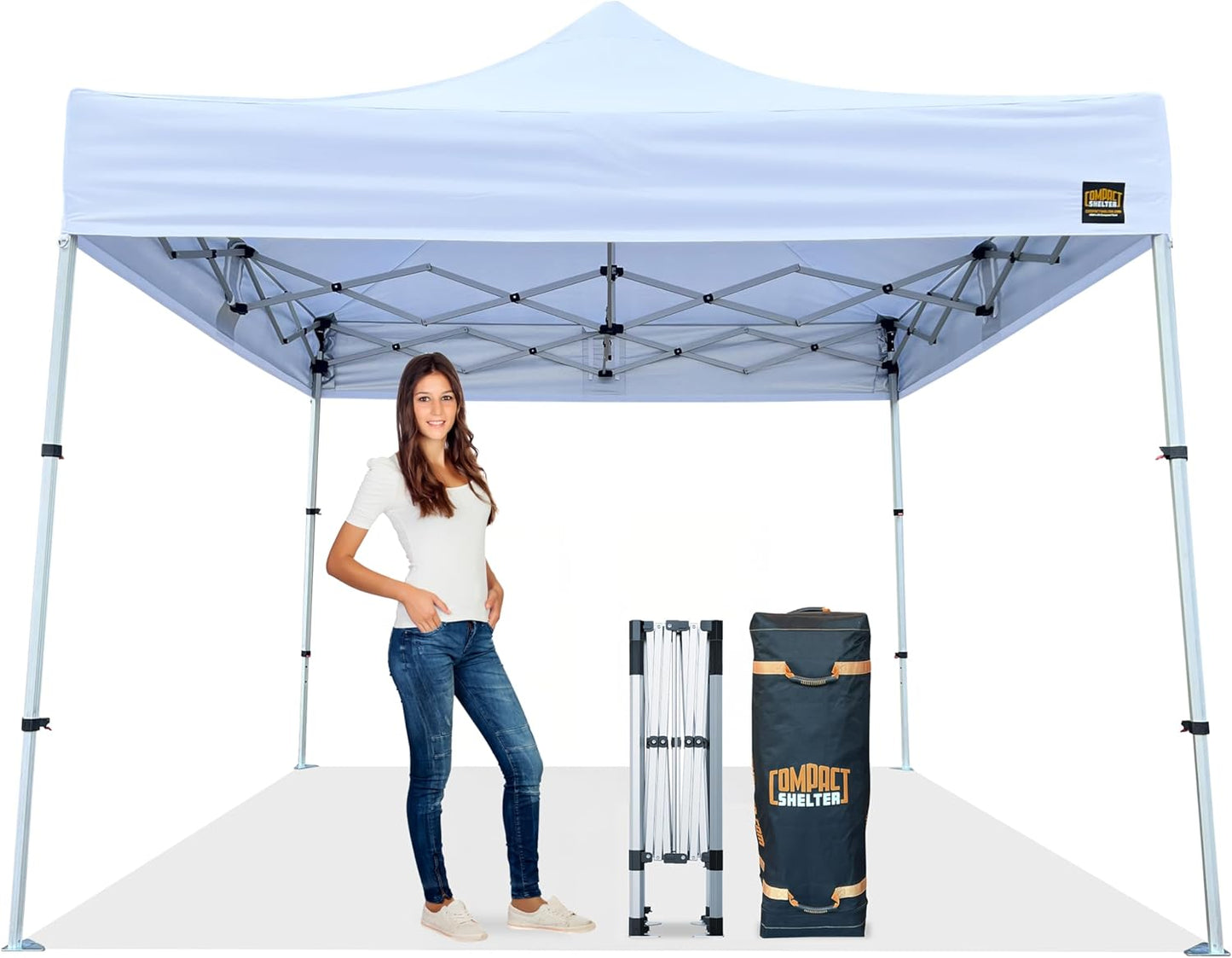 8x8 Heavy Duty Pop Up Canopy by Compact Shelter - EZ Setup, Commercial Grade Aluminum Frame, 42” Folded Frame Height, UPF 50+, Adjustable Portable Tent for Beach, Events, Camping, Roller Bag (White)