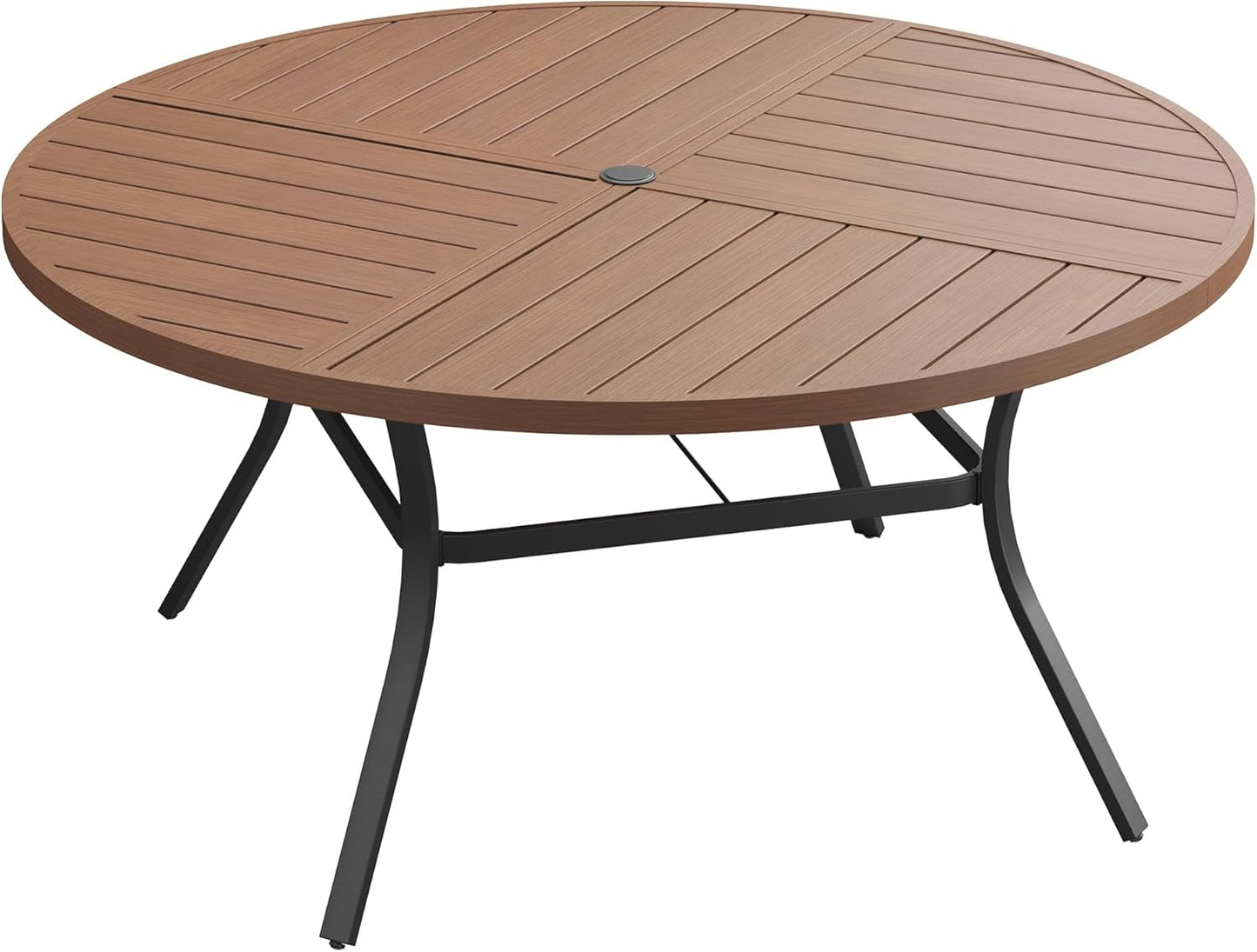 DIFY 50" Round Outdoor Patio Dining Table for 6, All-Weather Metal Steel Slatted Patio Table with 1.57" Adjustable Umbrella Hole, for Lawn Garden Porch Backyard, Walnut