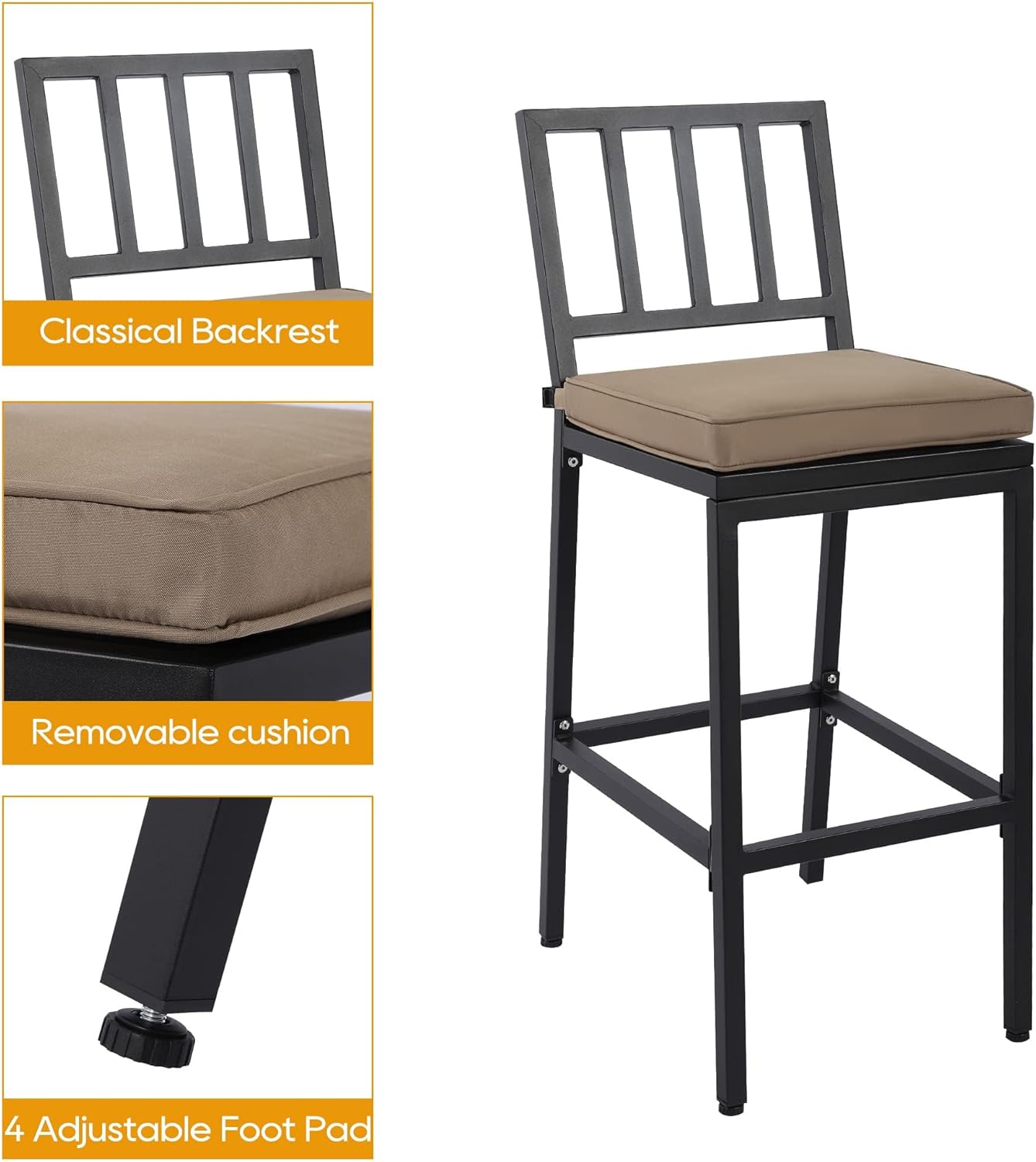 Outdoor Patio Bar Set, Bar Height Patio Dining Set, Weather-Resistant Bistro Counter Pub Set with Cushions & Slatted Tabletop for Backyard, Garden, Yard (47" Table, 2 "I Style Stool, Black)